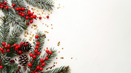 Festive Christmas-themed flat lay with pine branches, red berries, and golden confetti on white table. Perfect for holiday card design, seasonal greetings, and festive decorations. 