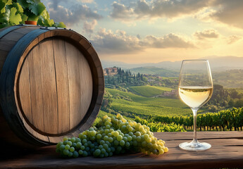 A glass of white wine is on a table next to a barrel of wine. The scene is set in a vineyard with a beautiful view of the countryside. The wine glass and barrel of wine suggest a relaxing