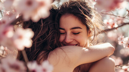 Two friends sharing a heartfelt hug surrounded by blooming flowers during springtime in a tranquil garden