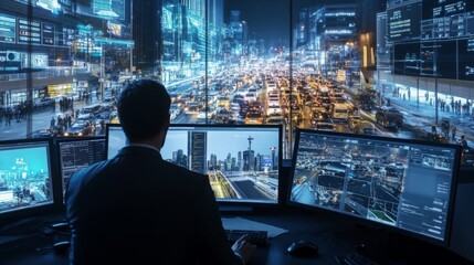 Leinwandbilder - A business professional sits at a desk in an office with multiple screens, observing the vibrant city skyline at night