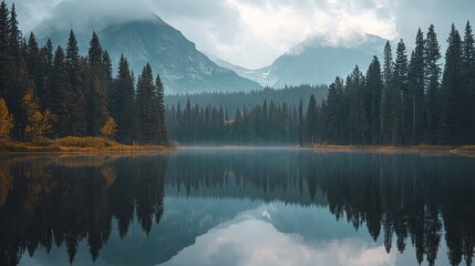 Serene lake reflecting pine trees and mountains in the background