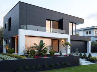 modern villa building with garden