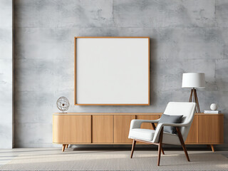 Wall Mural - A modern living room featuring a wooden chair and a blank frame, showcasing a minimalist and stylish interior design