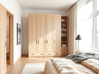 A cozy bedroom featuring a neatly made bed, a stylish dresser, and a spacious wardrobe for storage.