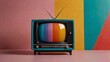 © Mahedihasan - Classic old tv with rainbow colors on screen against modern pastel wall