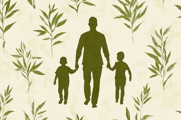 Minimalist silhouette illustration of a father walking with his two children surrounded by nature inspired patterns of leaves and branches symbolizing family connection simplicity and peace