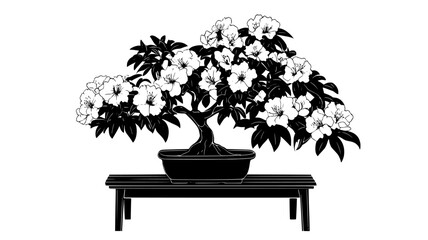 Wall Mural - Azalea bonsai covered in flowers on a wooden bench, vector illustration art