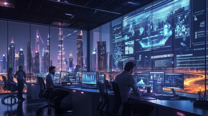 Leinwandbilder - A high-tech control room features multiple screens displaying data and graphics. Two people are focused on their tasks, while the city's illuminated skyline contrasts with the twilight sky outside.