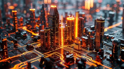 Poster - A futuristic cityscape built on a circuit board, illuminated by glowing orange lights