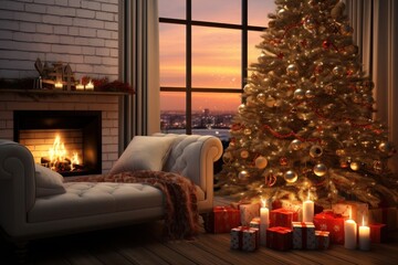 Canvas Print - Decorated christmas tree fireplace hearth candle.