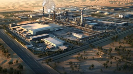 Leinwandbilder - A vast industrial complex sits amid a desert landscape, with smokestacks emitting steam into the air
