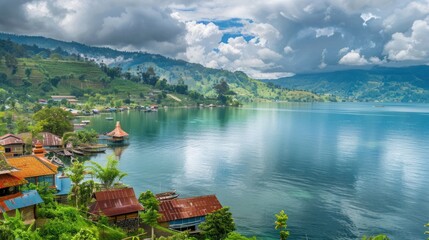 Canvas Print - Lake View with Mountains and Houses