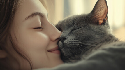 Grey black cat bury its nose in a girl. Cozy love, romance home mood. Grey black cat bury its nose in a girl. Cozy love, romance home mood. Domestic animal services promotion. Cool realistic ad.