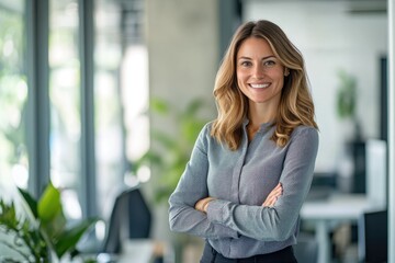 A smiling businesswoman standing with her arms crossed in a modern office.