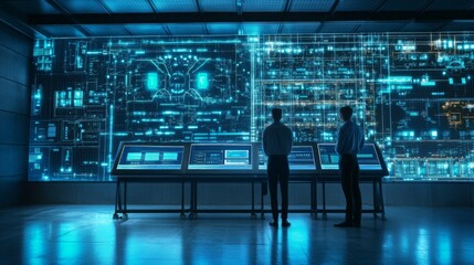Poster - Two men in a dark room look intently at a large screen displaying a complex network of blue lines and data. The room is lit by the screen, casting a blue glow on the men's silhouettes.