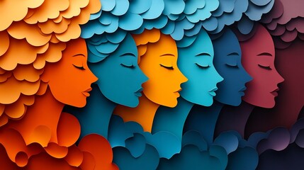 Fototapete - Women's Day poster featuring paper cut silhouettes of diverse women's faces ample copy space showcasing themes of feminism independence and empowerment on a minimalistic background