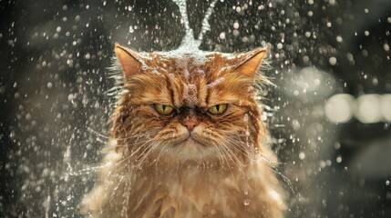 Poster - Cat Enjoying a Shower Under Bright Water Drops