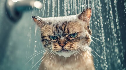 Poster - Cat in Shower with Water and Soap Bubbles