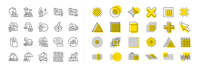 Poster - Furniture move, rent space and adhesive tape set. Design shape elements. Moving service line icons. Package delivery, relocation service and carrying man line icons. Vector