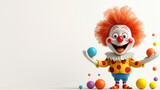 cheerful 3D cartoon style clown with bright orange hair is juggling colorful balls, creating fun and playful atmosphere. clowns vibrant outfit adds to lively scene