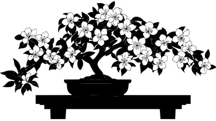 Wall Mural - Azalea bonsai covered in flowers on a wooden bench, vector illustration art