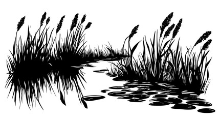 Wall Mural - Bulrush growing along the edges of a slow-moving stream, vector illustration art