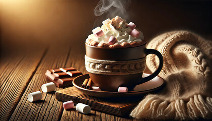 Steaming Hot Chocolate with Whipped Cream on Rustic Table, Background, Center-Left Golden Light