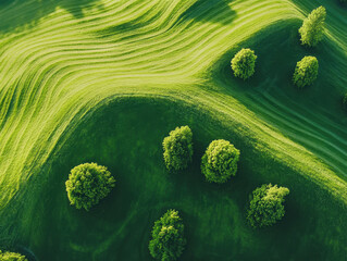 lush green hills with trees creating a harmonious landscape at dawn