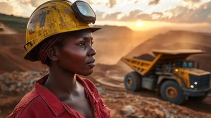 Poster - African woman in safety gear operates heavy machinery at dawn, rugged terrain and dusty environment with mining trucks in the background