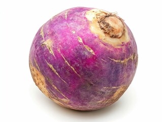 Close up of a whole purple and tan rutabaga vegetable with detailed skin texture and patterns isolated on a clean white background