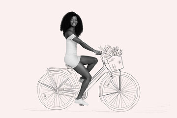 Canvas Print - Creative picture collage young gorgeous woman ride bike lifestyle weekend activity positive mood leisure drawing background