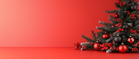 Poster - festive red and black Christmas tree adorned with glowing ornaments and vibrant decorations creates warm holiday atmosphere. Perfect for seasonal celebrations and decorations