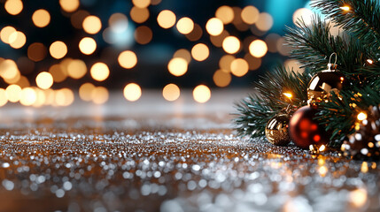 Poster - festive holiday scene featuring close up of Christmas tree branch adorned with shiny ornaments and glowing lights, creating warm and joyful atmosphere