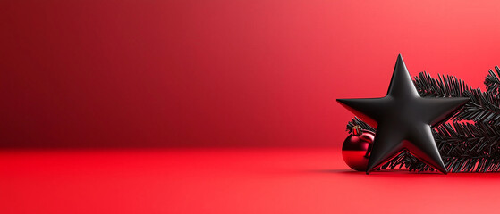 Poster - black Christmas star topper rests beside shiny red ornament on vibrant red background, creating festive and elegant holiday atmosphere