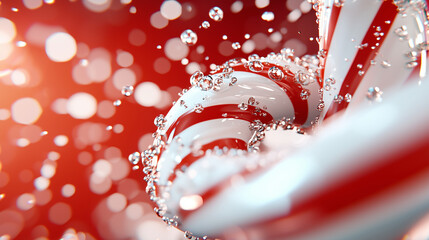 Poster - Candy canes swirl in festive display, surrounded by sparkling bubbles and vibrant red background, evoking joyful holiday spirit