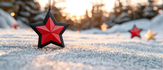 Poster - festive red and black star ornament hangs in snowy landscape, surrounded by glistening snow and soft sunlight. This scene captures essence of joyful winter celebration