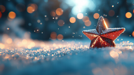 Poster - sparkling red star ornament glistens in snowy landscape, surrounded by soft bokeh lights. scene captures essence of magical winter wonderland