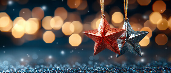 Poster - Sparkling red and silver stars hang gracefully against backdrop of soft, glowing lights, creating festive and magical atmosphere perfect for holiday season