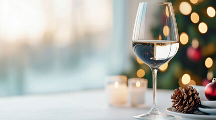 Poster - beautifully set table featuring wine glass filled with water, surrounded by festive decorations, including pine cone and candles, creating warm holiday atmosphere