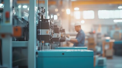 Poster - European engineer operating an injection molding machine in a modern plastic manufacturing factory, sharp focus on detailed machinery, industrial environment