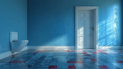 Canvas Print - A serene bathroom with blue walls and colorful flooring, featuring a stylish toilet and a door leading out. Generative AI