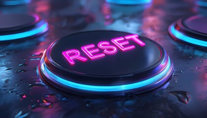 Neon reset button on glossy surface, vibrant colors, technology, modern design concept