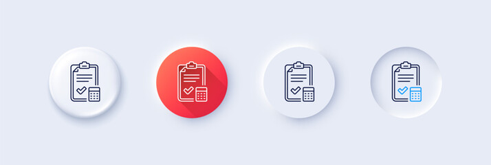 Poster - accounting checklist line icon. neumorphic, red gradient, 3d pin buttons. calculator sign. calculate
