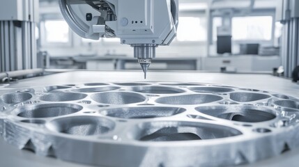 Poster - High-tech industrial 3D printing machine producing intricate metal parts, representing the forefront of additive manufacturing.