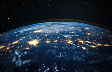 Palnet Earth from space with a starry sky and moonlight.