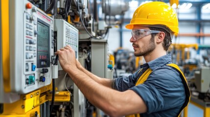 Poster - Injection molding operation in a state-of-the-art plastic factory, European engineer adjusting controls, highly detailed equipment, and precise technology