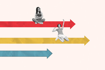 Poster - Creative poster collage young woman celebrate success achieve goal aim target competition arrow direction inspiration success