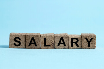 Wall Mural - Word Salary made of cubes on light blue background