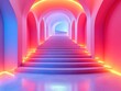 © julio - Vibrant stairway with colorful lighting and archways.