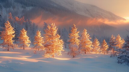 Canvas Print - Golden sunlight illuminates snow-covered trees in a serene winter landscape at sunset in the mountains. Generative AI